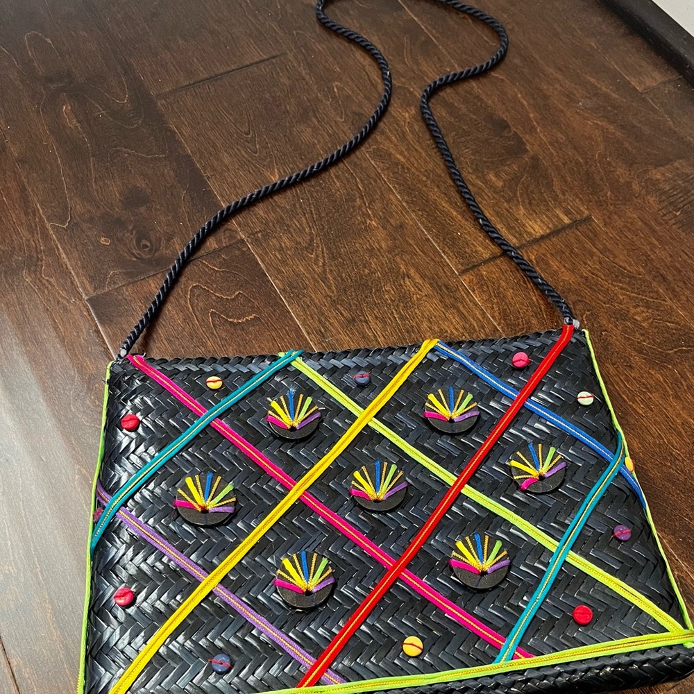 Vintage Handwoven Crossbody Bag or Shoulder Bag with Multicolor Embellishments